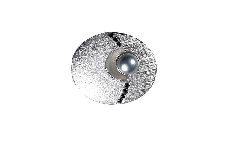 30004-Brosche, Silber 925, schwarze Diamanten, graü Perle