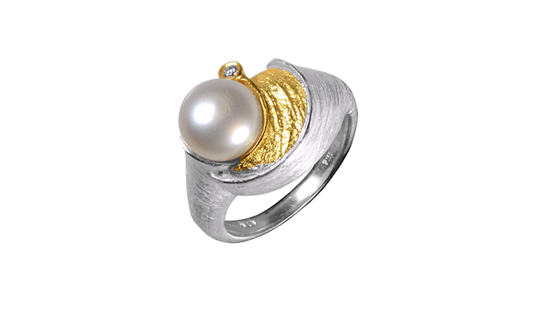12592-Ring, Silber 925, Gold 750, Perle und Brillant
